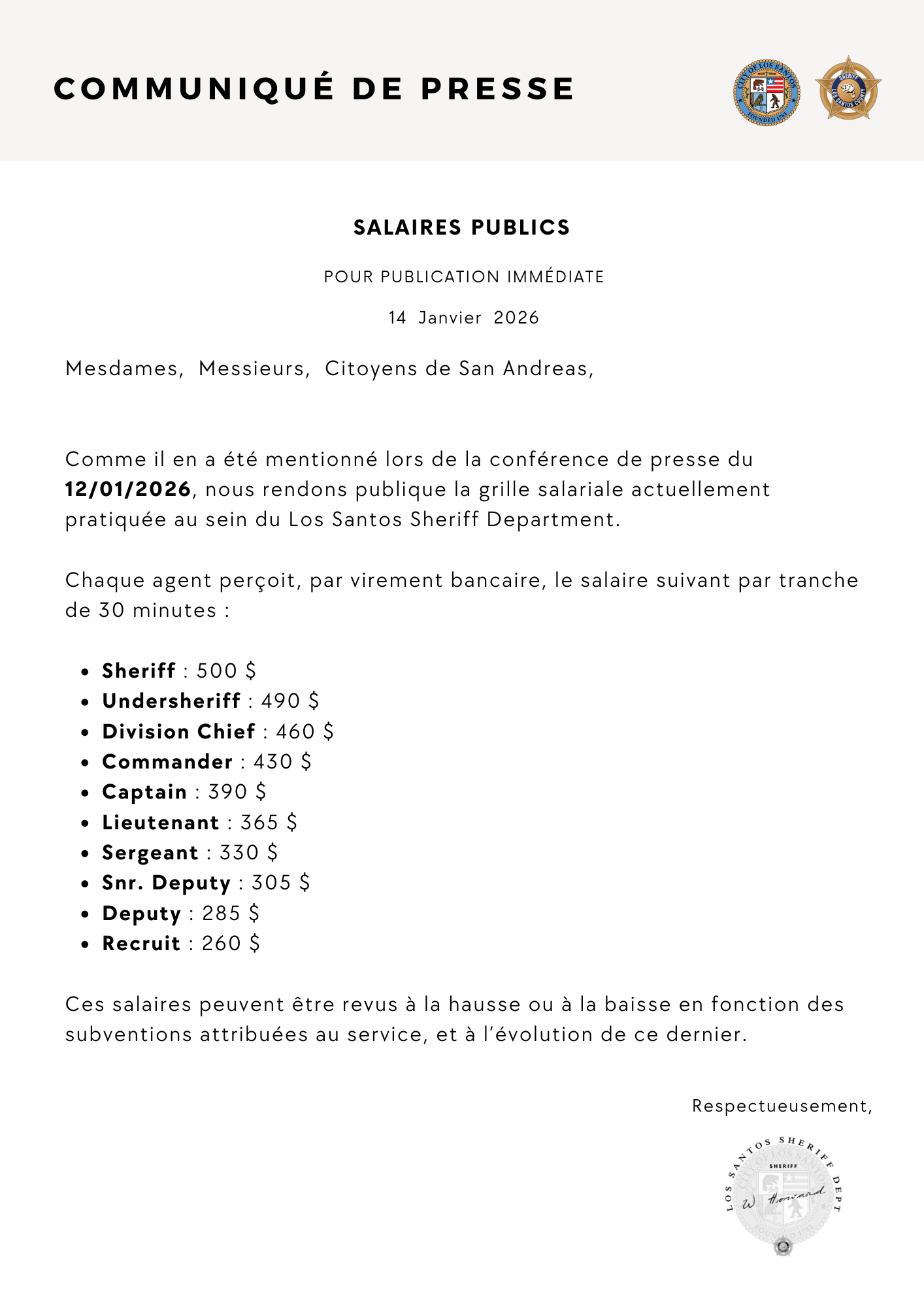 Communiqué de presse du Sheriff Department